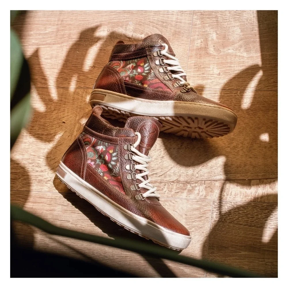 Inkkas Rooster Floral Camping Leather Hi Top Hiking Boot Sneakers Brown Size 8